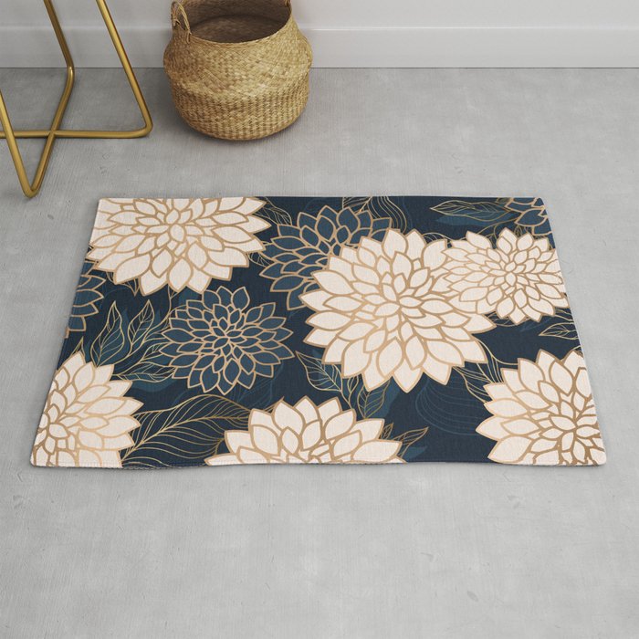 Floral Aesthetic in Navy, Blue, Ivory and Gold Rug Gallery Image 1