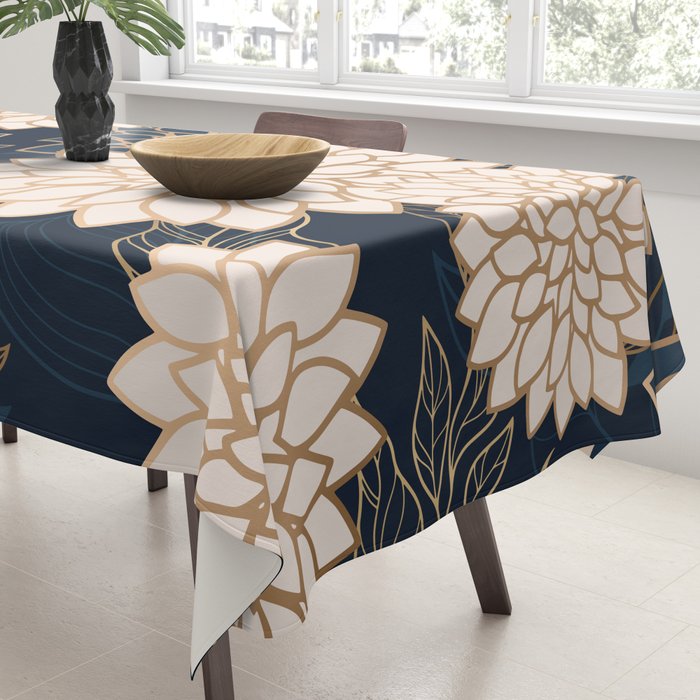 Floral Aesthetic in Navy, Blue, Ivory and Gold Tablecloth Gallery Image 3