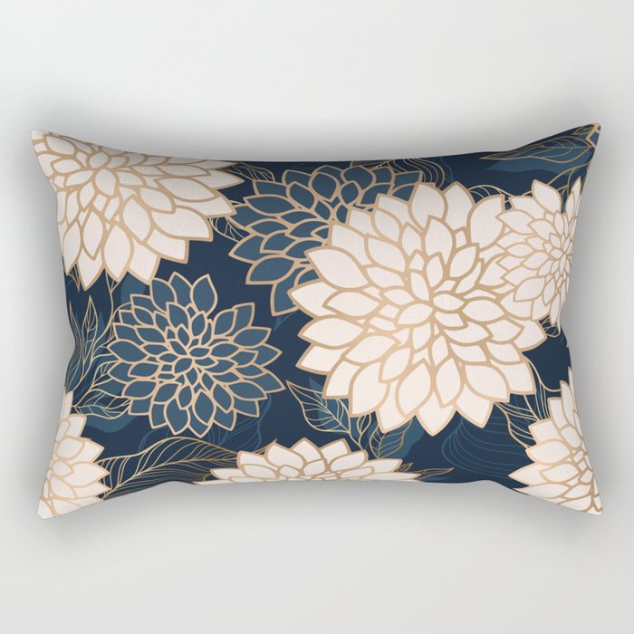 Floral Aesthetic in Navy, Blue, Ivory and Gold Rectangular Pillow Gallery Image 1