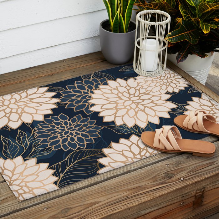 Floral Aesthetic in Navy, Blue, Ivory and Gold Outdoor Rug Gallery Image 2