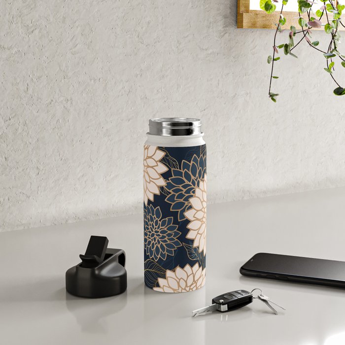 Floral Aesthetic in Navy, Blue, Ivory and Gold Water Bottle Gallery Image 4
