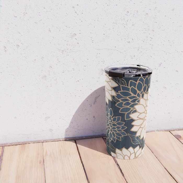 Floral Aesthetic in Navy, Blue, Ivory and Gold Travel Mug Gallery Image 4