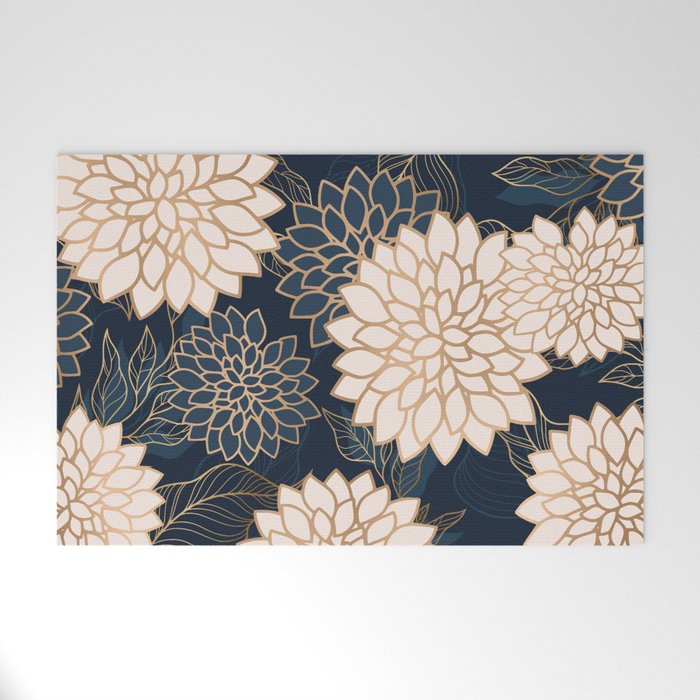 Floral Aesthetic in Navy, Blue, Ivory and Gold Welcome Mat Gallery Image 1