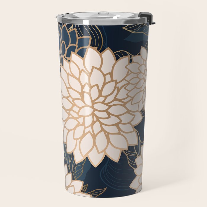 Floral Aesthetic in Navy, Blue, Ivory and Gold Travel Mug Gallery Image 2