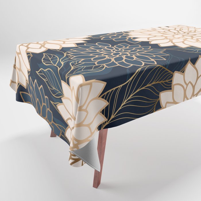 Floral Aesthetic in Navy, Blue, Ivory and Gold Tablecloth Gallery Image 1