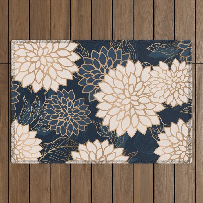 Floral Aesthetic in Navy, Blue, Ivory and Gold Outdoor Rug Gallery Image 1