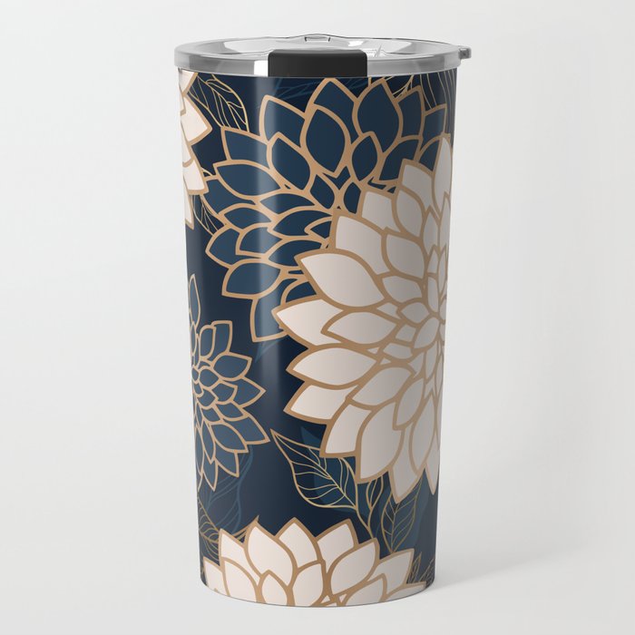Floral Aesthetic in Navy, Blue, Ivory and Gold Travel Mug Gallery Image 1