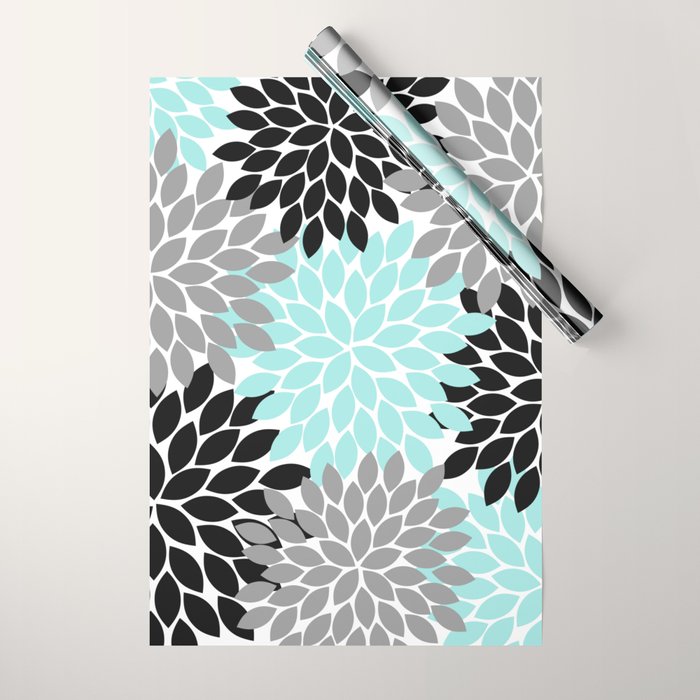 Aqua Black Gray Flower Burst Floral Pattern Wrapping Paper Gallery Image 1