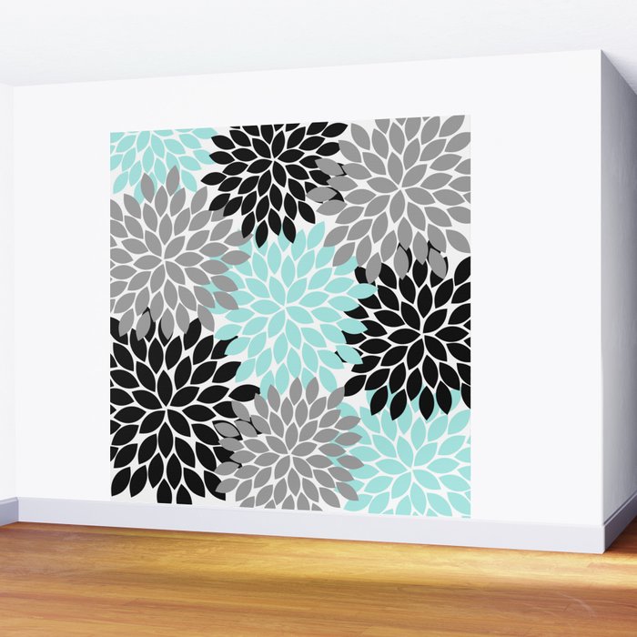 Aqua Black Gray Flower Burst Floral Pattern Wall Mural Gallery Image 2