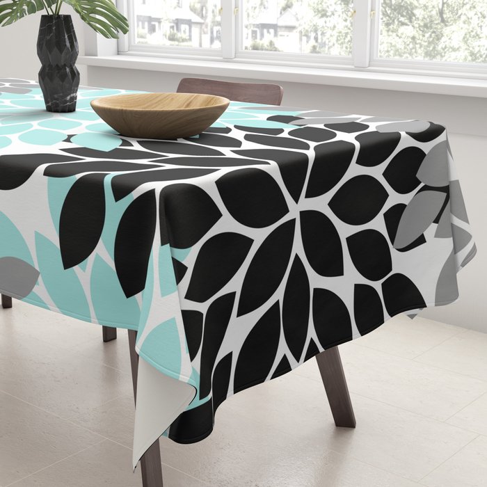 Aqua Black Gray Flower Burst Floral Pattern Tablecloth Gallery Image 3