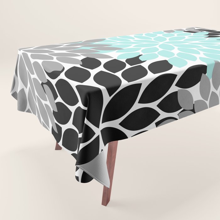Aqua Black Gray Flower Burst Floral Pattern Tablecloth Gallery Image 1