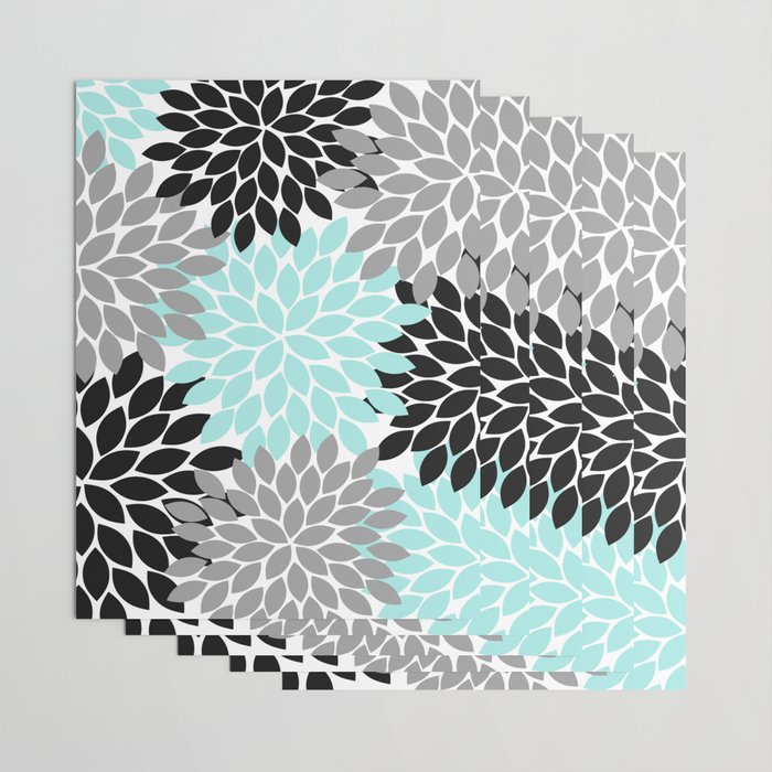 Aqua Black Gray Flower Burst Floral Pattern Wrapping Paper Gallery Image 3