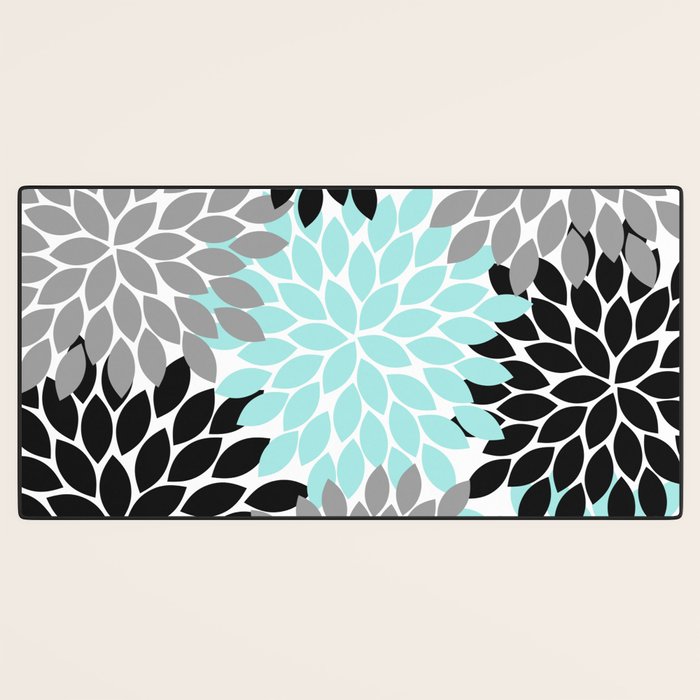 Aqua Black Gray Flower Burst Floral Pattern Desk Mat Gallery Image 3