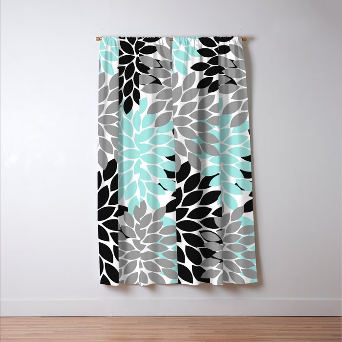 Aqua Black Gray Flower Burst Floral Pattern Window Curtain Gallery Image 3