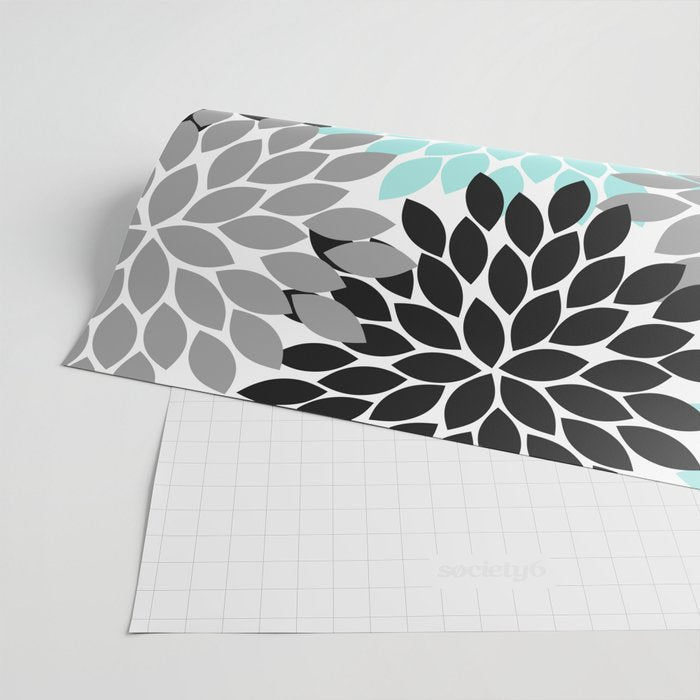 Aqua Black Gray Flower Burst Floral Pattern Wrapping Paper Gallery Image 2