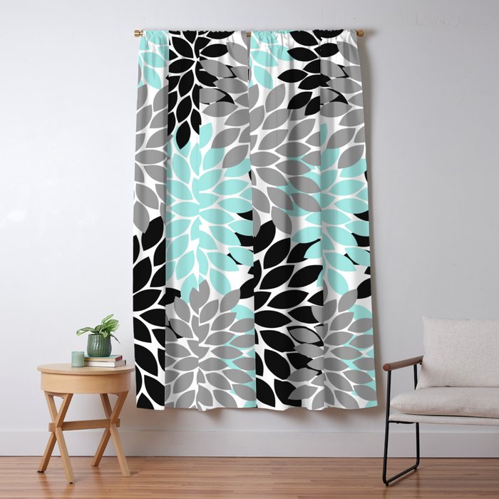 Aqua Black Gray Flower Burst Floral Pattern Window Curtain Gallery Image 1