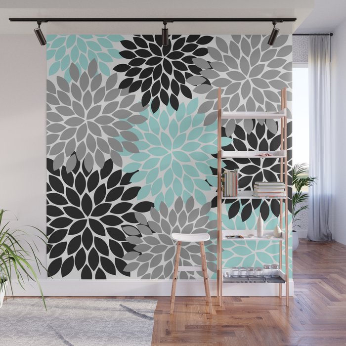 Aqua Black Gray Flower Burst Floral Pattern Wall Mural Gallery Image 1