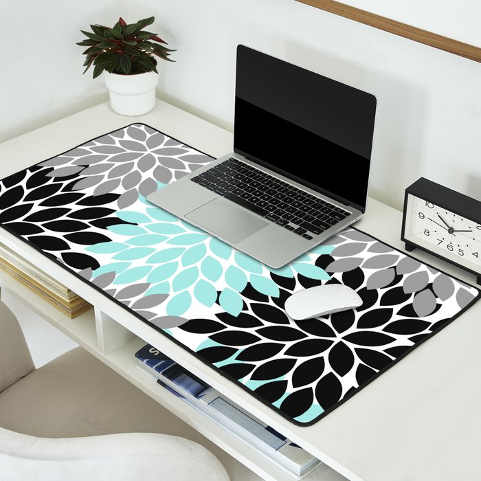 Aqua Black Gray Flower Burst Floral Pattern Desk Mat Gallery Image 2