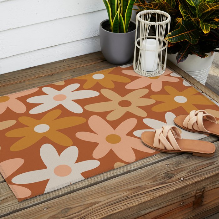 Daisy Time Floral Pattern Clay Blush Ochre Putty Earth Tones Outdoor Rug Gallery Image 2