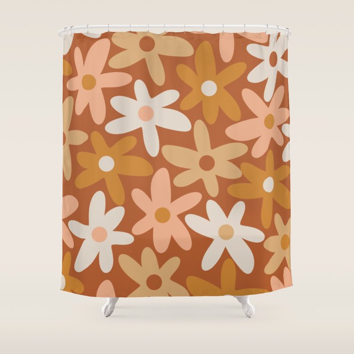 Daisy Time Floral Pattern Clay Blush Ochre Putty Earth Tones Shower Curtain Gallery Image 1