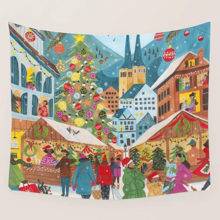 Christmas market in the village Wall Tapestry Gallery Image 1