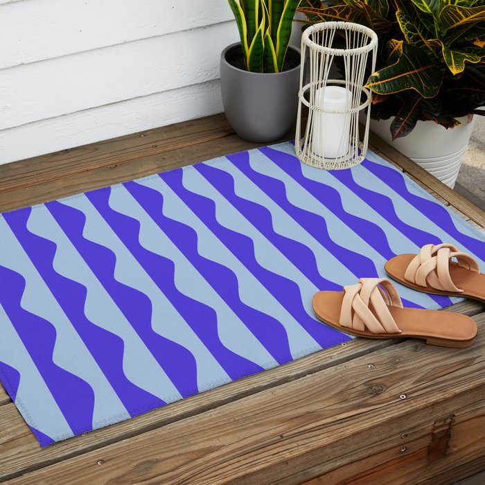 Retro Wavy Lines Pattern in Ocean Blue Outdoor Rug Gallery Image 2