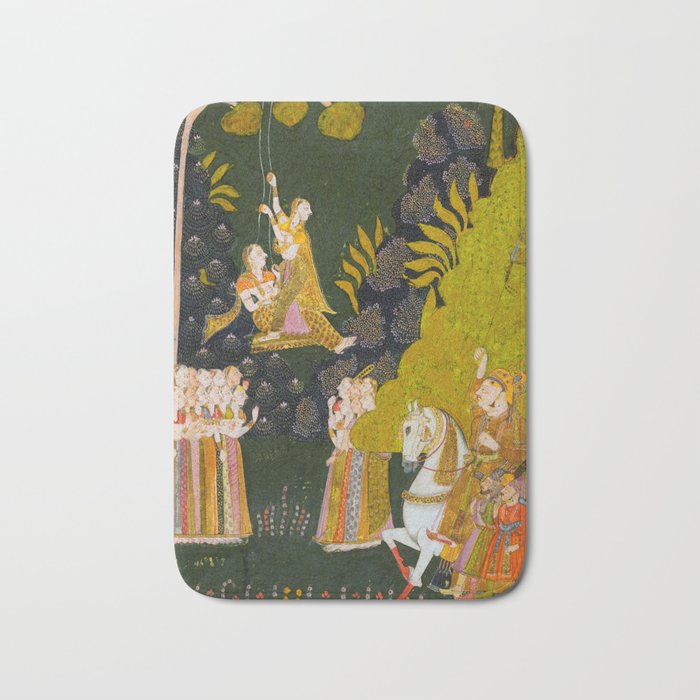 Maharaja Abhai Singh of Marwar (reigned 1724-49), Equestrian, Watching Girls Swinging at the Teej Festival Indian Miniature Painting  Bath Mat Gallery Image 1