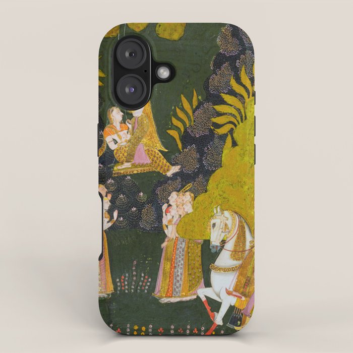 Maharaja Abhai Singh of Marwar (reigned 1724-49), Equestrian, Watching Girls Swinging at the Teej Festival Indian Miniature Painting  iPhone Case Gallery Image 1