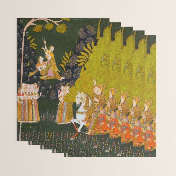 Maharaja Abhai Singh of Marwar (reigned 1724-49), Equestrian, Watching Girls Swinging at the Teej Festival Indian Miniature Painting  Wrapping Paper Gallery Image 3