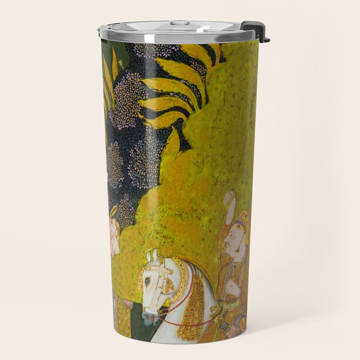Maharaja Abhai Singh of Marwar (reigned 1724-49), Equestrian, Watching Girls Swinging at the Teej Festival Indian Miniature Painting  Travel Mug Gallery Image 2