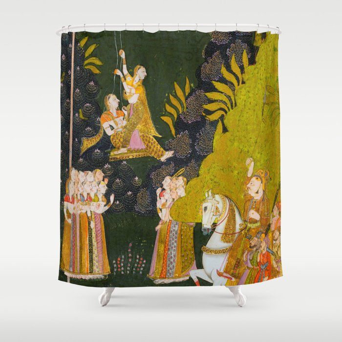 Maharaja Abhai Singh of Marwar (reigned 1724-49), Equestrian, Watching Girls Swinging at the Teej Festival Indian Miniature Painting  Shower Curtain Gallery Image 1