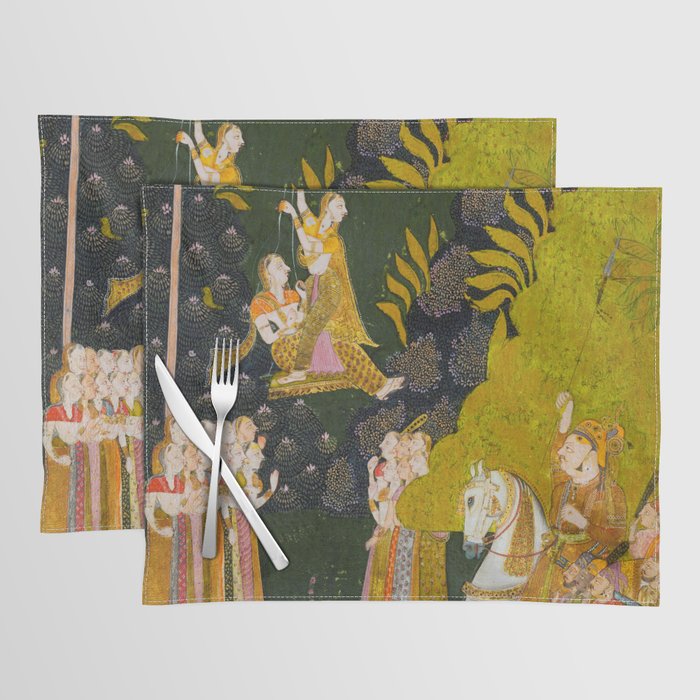 Maharaja Abhai Singh of Marwar (reigned 1724-49), Equestrian, Watching Girls Swinging at the Teej Festival Indian Miniature Painting  Placemat Gallery Image 1