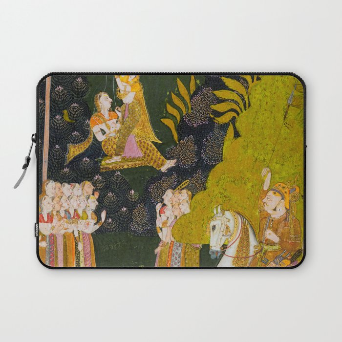 Maharaja Abhai Singh of Marwar (reigned 1724-49), Equestrian, Watching Girls Swinging at the Teej Festival Indian Miniature Painting  Laptop Sleeve Gallery Image 1