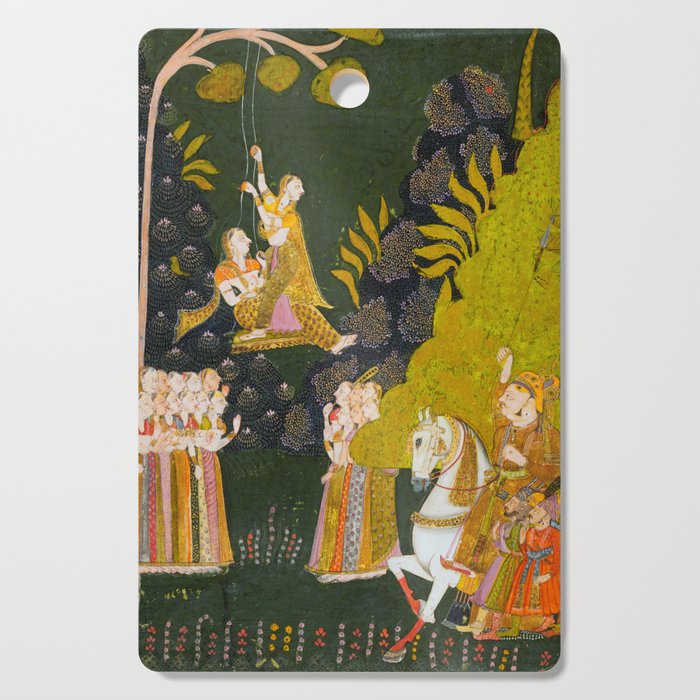 Maharaja Abhai Singh of Marwar (reigned 1724-49), Equestrian, Watching Girls Swinging at the Teej Festival Indian Miniature Painting  Cutting Board Gallery Image 1