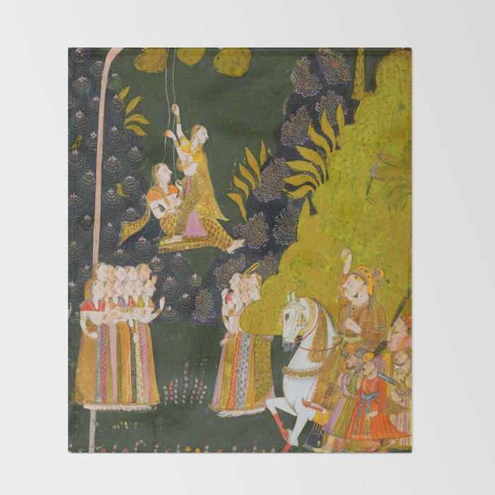 Maharaja Abhai Singh of Marwar (reigned 1724-49), Equestrian, Watching Girls Swinging at the Teej Festival Indian Miniature Painting  Throw Blanket Gallery Image 2