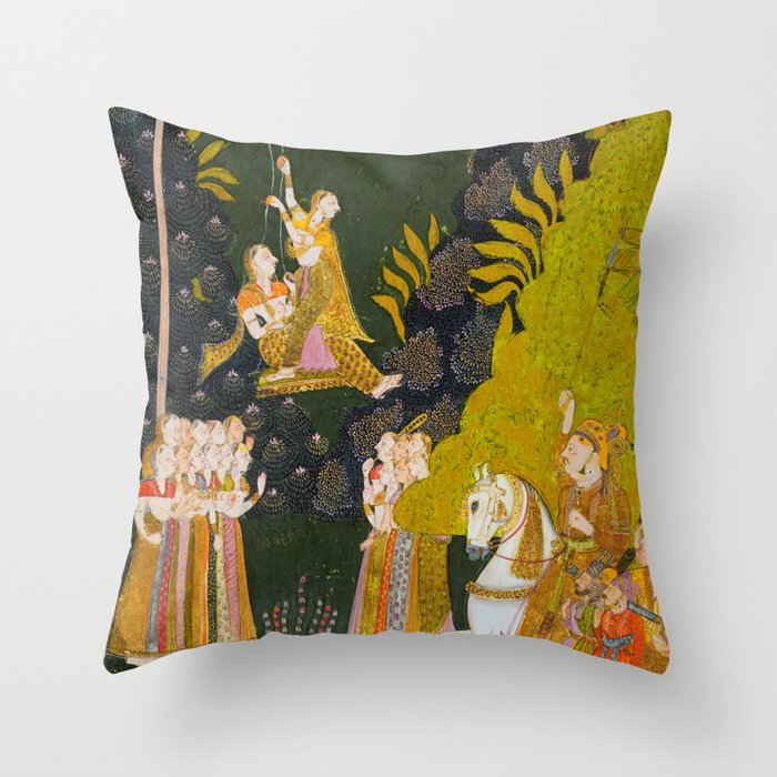 Maharaja Abhai Singh of Marwar (reigned 1724-49), Equestrian, Watching Girls Swinging at the Teej Festival Indian Miniature Painting  Throw Pillow Gallery Image 6