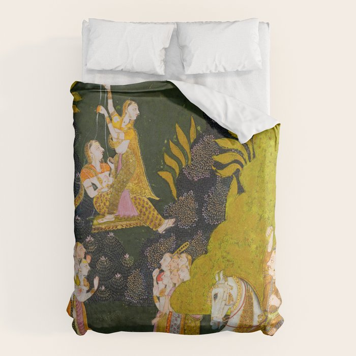 Maharaja Abhai Singh of Marwar (reigned 1724-49), Equestrian, Watching Girls Swinging at the Teej Festival Indian Miniature Painting  Duvet Cover Gallery Image 6