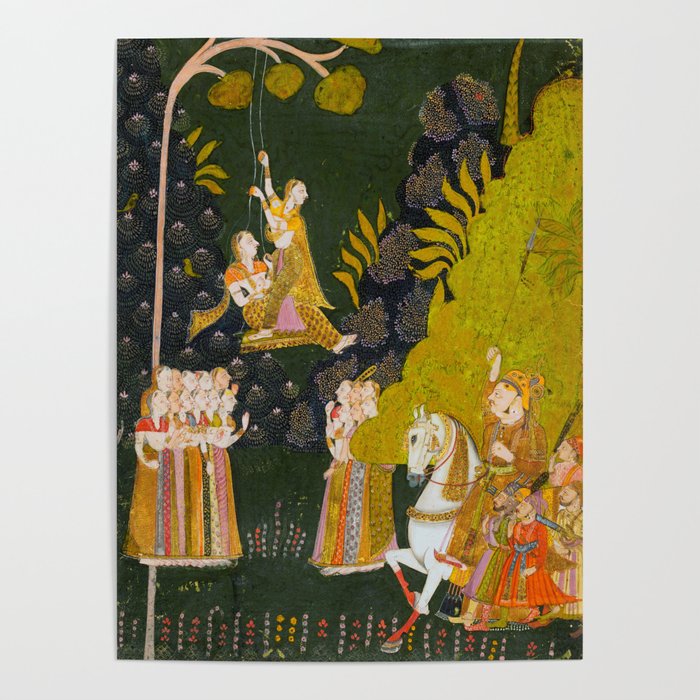 Maharaja Abhai Singh of Marwar (reigned 1724-49), Equestrian, Watching Girls Swinging at the Teej Festival Indian Miniature Painting  Poster Gallery Image 4