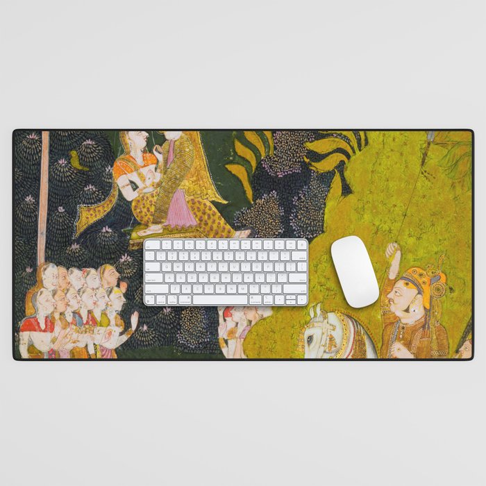 Maharaja Abhai Singh of Marwar (reigned 1724-49), Equestrian, Watching Girls Swinging at the Teej Festival Indian Miniature Painting  Desk Mat Gallery Image 1