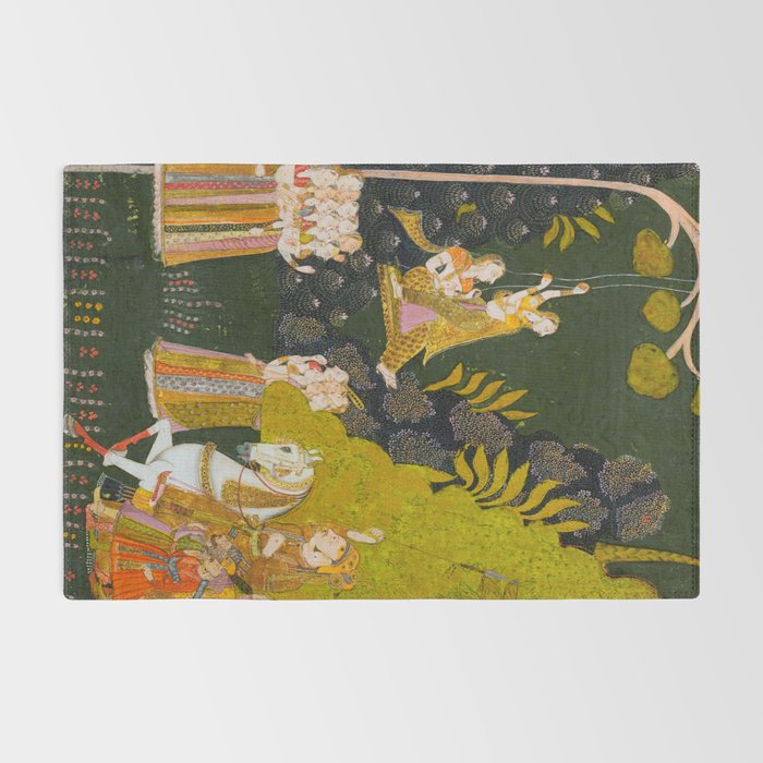 Maharaja Abhai Singh of Marwar (reigned 1724-49), Equestrian, Watching Girls Swinging at the Teej Festival Indian Miniature Painting  Rug Gallery Image 2