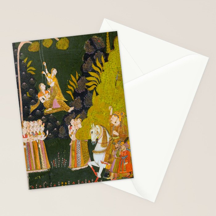 Maharaja Abhai Singh of Marwar (reigned 1724-49), Equestrian, Watching Girls Swinging at the Teej Festival Indian Miniature Painting  Stationery Card Gallery Image 2