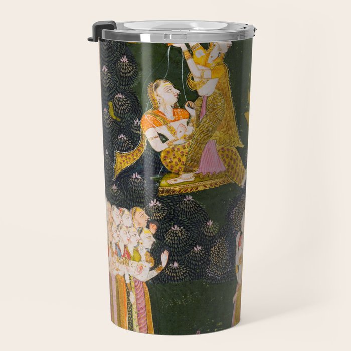 Maharaja Abhai Singh of Marwar (reigned 1724-49), Equestrian, Watching Girls Swinging at the Teej Festival Indian Miniature Painting  Travel Mug Gallery Image 3