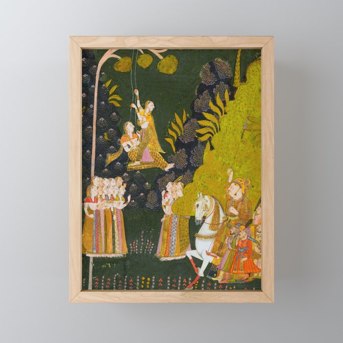 Maharaja Abhai Singh of Marwar (reigned 1724-49), Equestrian, Watching Girls Swinging at the Teej Festival Indian Miniature Painting  Mini Art Print Gallery Image 1