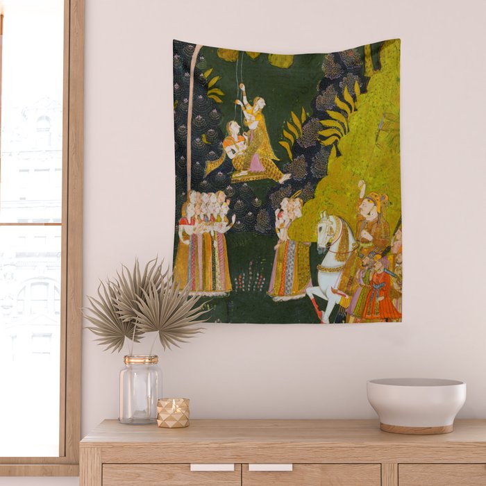 Maharaja Abhai Singh of Marwar (reigned 1724-49), Equestrian, Watching Girls Swinging at the Teej Festival Indian Miniature Painting  Wall Tapestry Gallery Image 2