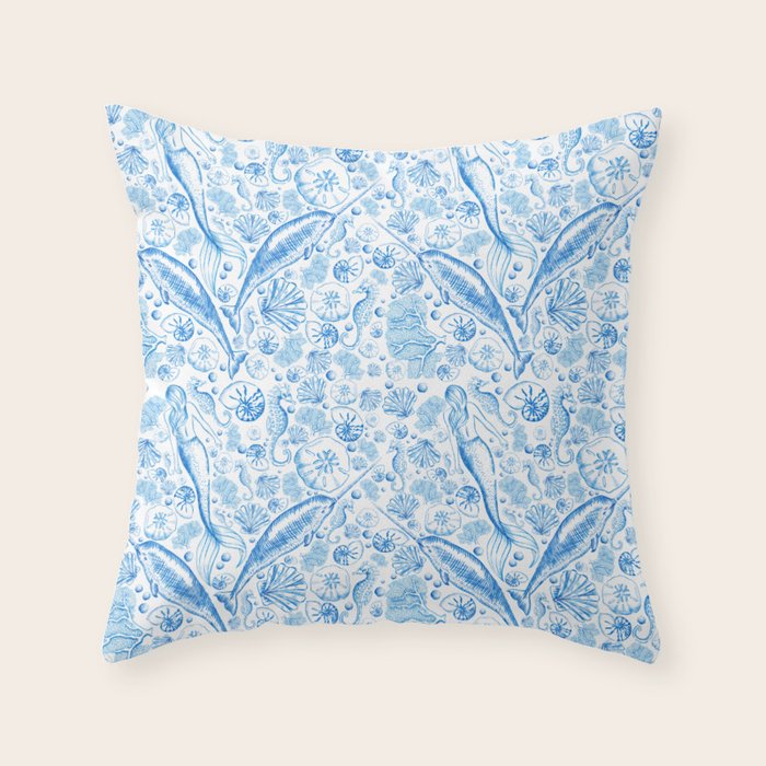 Mermaid Toile - Blue Throw Pillow Gallery Image 6