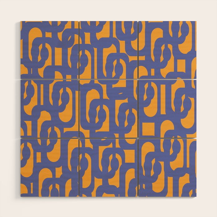 Contemporary Abstract Loop Pattern in Blue and Orange Wood Wall Art Gallery Image 1
