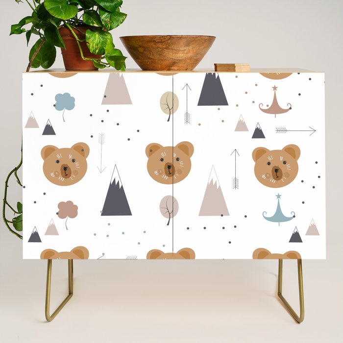 Seamless kids pattern with lovely cute bears and forest Credenza Gallery Image 1