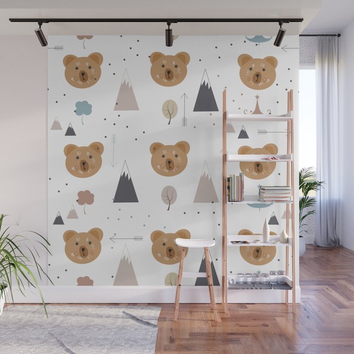 Seamless kids pattern with lovely cute bears and forest Wall Mural Gallery Image 1