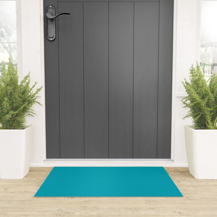NOW AQUA Blue Solid Color Plain Teal Shade and Mindfulness Minimalist Word Art  Welcome Mat Gallery Image 3