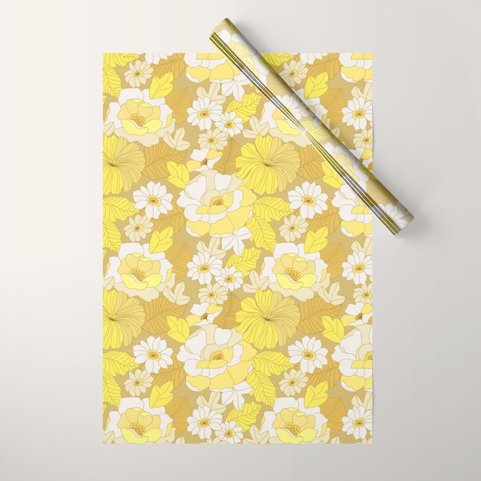 Yellow, Ivory and Brown Retro Flowers Wrapping Paper Gallery Image 1